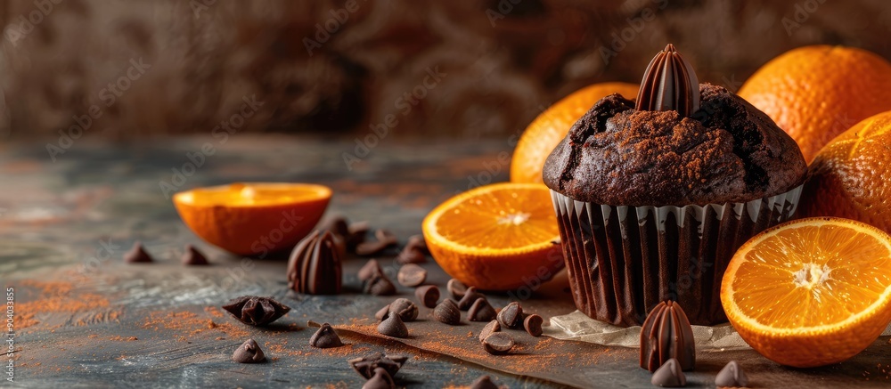 Poster a delicious arrangement featuring a chocolate muffin and vibrant oranges showcased in a captivating 