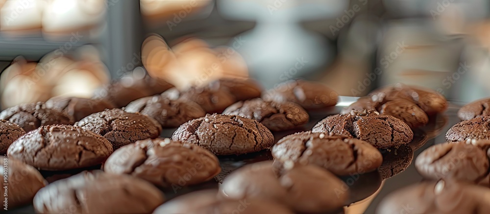 Poster A tray of cocoa cookies displayed in a confectionery with copy space image