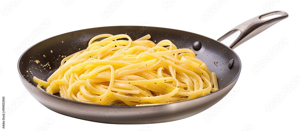 Poster delicious carbonara pasta displayed in a frying pan against a white background ideal for a copy spac
