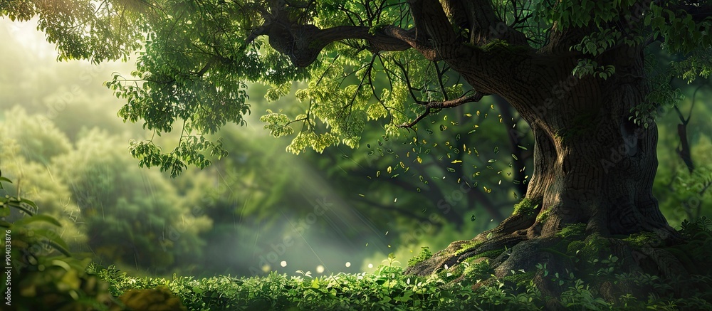 Poster an ancient tree with lush green leaves against a backdrop of a peaceful forest providing ample copy 