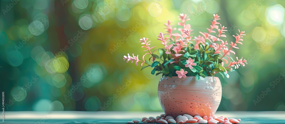 Aufkleber a lovely plant in a flowerpot with pink rocks stands out against a blurred green forest background c