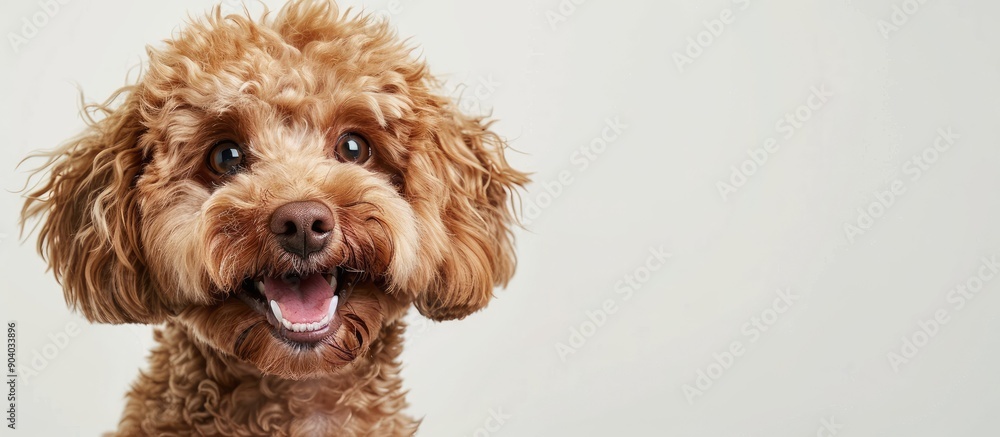 Poster close up of a happy and healthy maltipoo dog with friendly eyes and brown fur set against a white st