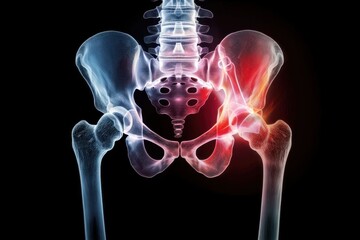 This image shows a highlighted area on a hip bone, indicating inflammation or pain. It is an illustration used to depict hip joint issues such as arthritis or fractures.