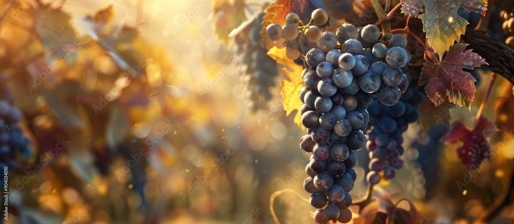 Poster Autumn s harvest in a vineyard with a large bunch of ripe grapes on the vine creating a fruit concept with copy space image