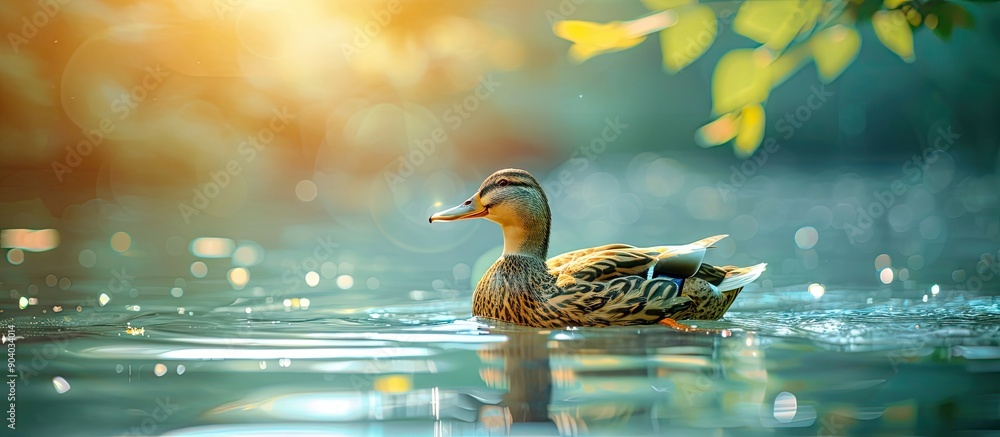 Aufkleber A duck is swimming gracefully in the pond creating a serene scenery with a peaceful backdrop of nature in this copy space image