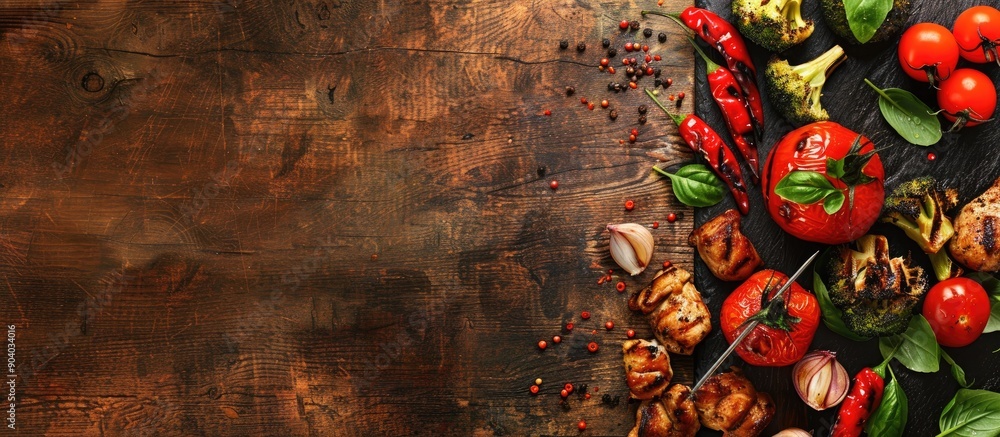 Poster delicious grilled vegetables and chicken create an appetizing copy space image