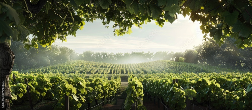 Poster View of a vineyard through the fresh leaves of trees with copy space image