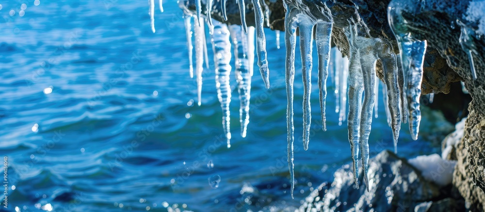 Poster close up of stalactite icicles hanging from rocky surface with copy space image of icicles on lake b