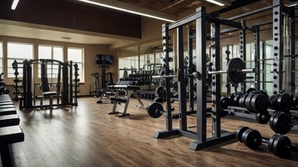 A modern gym interior features weightlifting equipment, including a squat rack and free weights, with ample natural light illuminating the space.