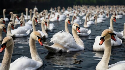 Obraz premium A serene scene of numerous elegant white swans gracefully swimming together on calm waters, creating a peaceful and harmonious atmosphere.