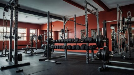 Fototapeta premium A modern gym interior featuring weightlifting equipment, dumbbells arranged neatly on a rack, and warm red-toned walls, creating an energetic atmosphere.