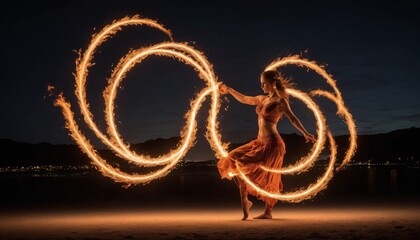 Fire dancer performing at night with flames creating dynamic light trails against a dark sky
