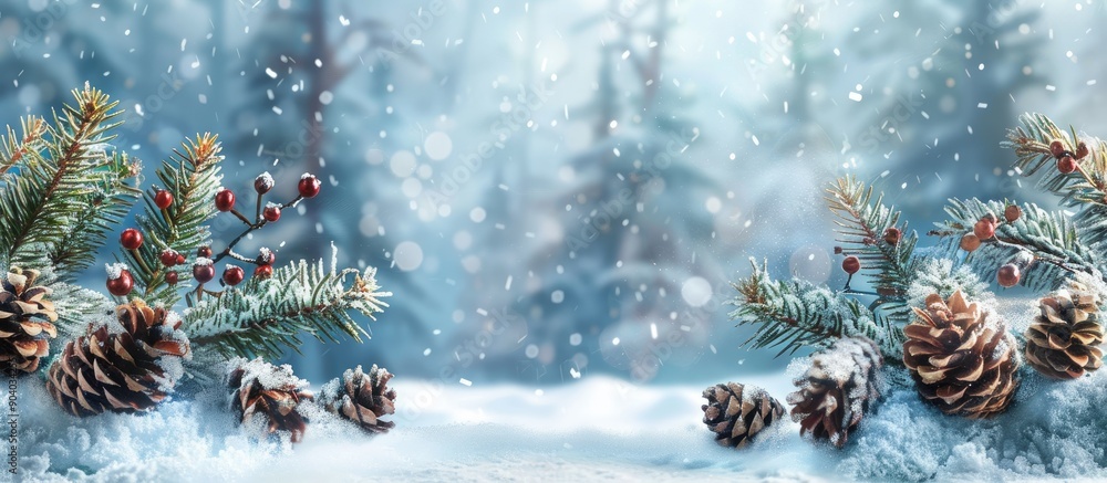 Poster winter christmas background featuring snow fir branches cones set against a forest backdrop with cop