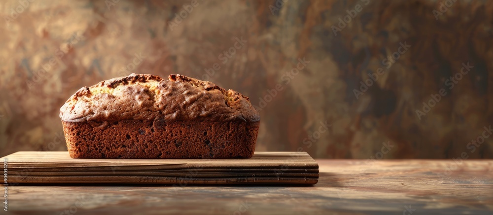 Poster delicious banana bread displayed on a wooden board with copy space image