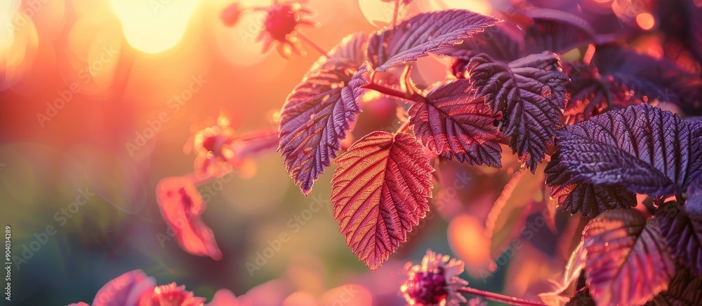 Poster raspberry leaves up close in the garden during sunset with shallow depth of field for a natural feel