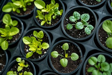 Close up different variety of flower seedlings in plastic plant pot	
