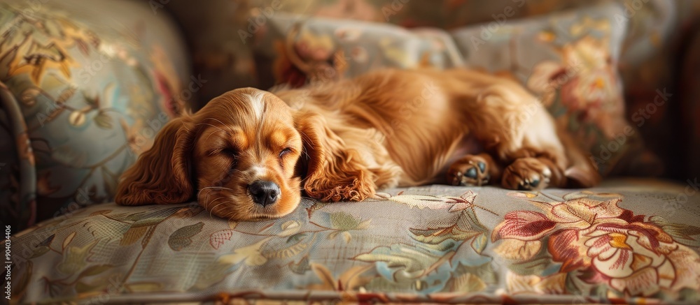 Poster cute english cocker spaniel puppy resting on a sofa cushion with home themed embroidery creating a c