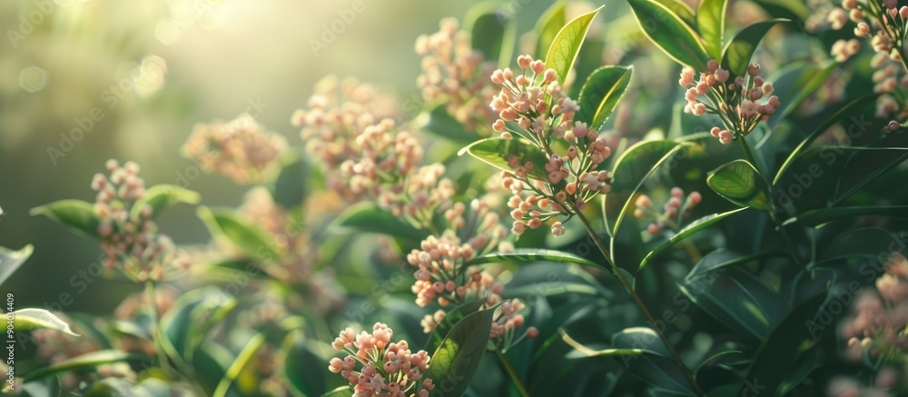 Poster A shrub in a garden displaying budding flowers perfect for copy space image