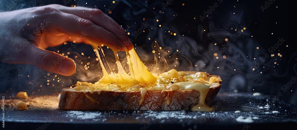 Poster A hand gripping a slice of toast topped with melting cheese in a copy space image
