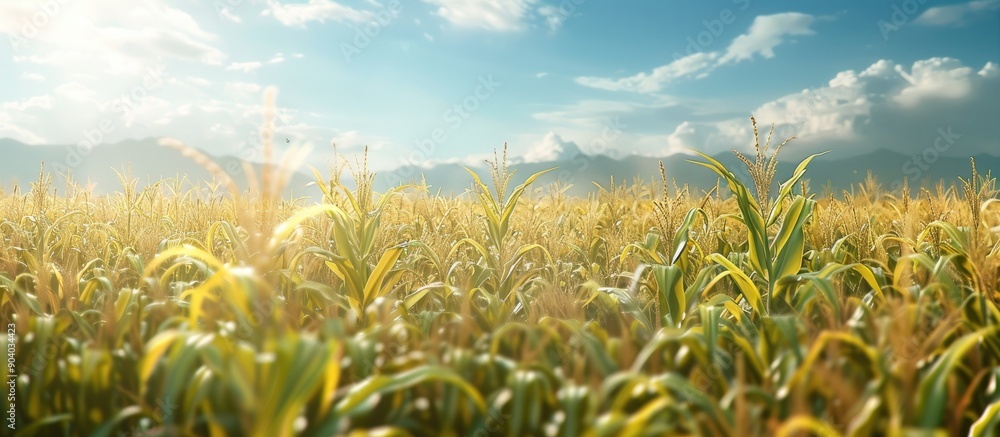 Poster in summer there are corn stalks in the field with empty space available for images. . image with cop