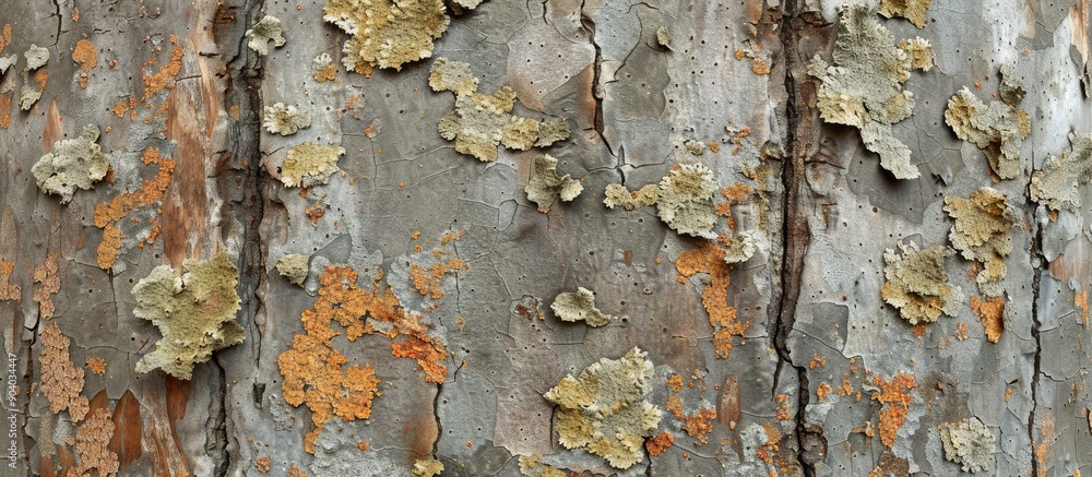 Poster Weathered tree bark showing signs of age with patches of lichen growth suitable for a copy space image