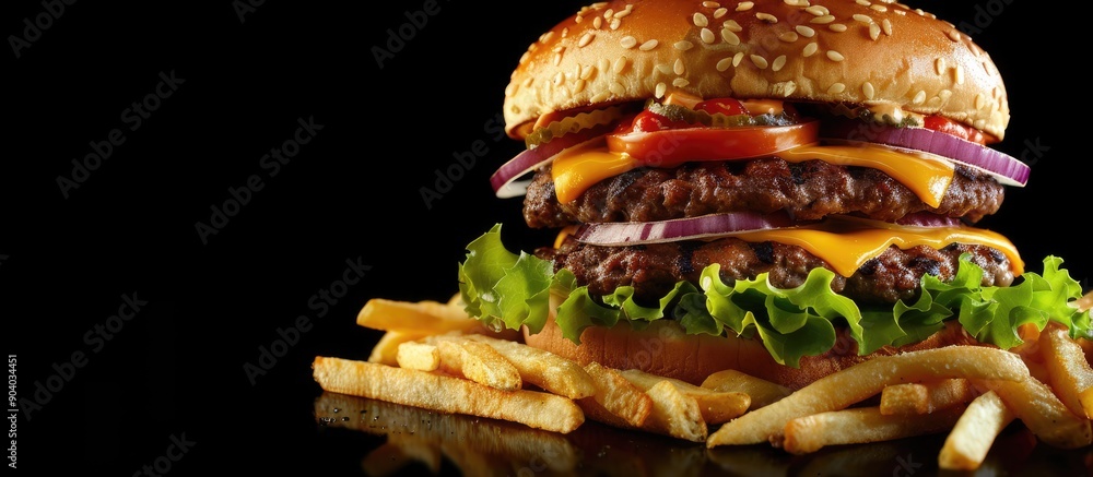 Poster a double burger with cheddar cheese onions tomatoes lettuce and fries on a black background with cop