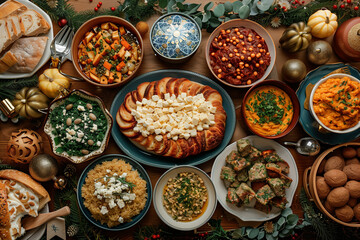 Fototapeta premium Table set with Hanukkah dishes and decorations, top view