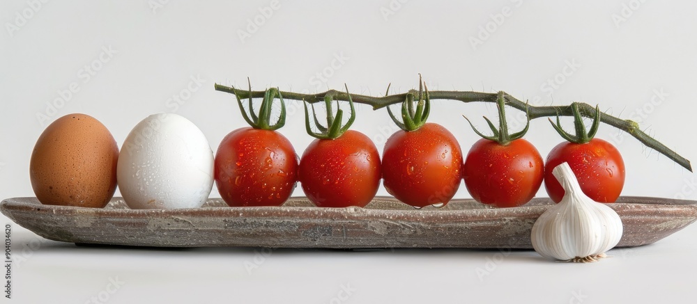 Poster close up view of five red tomatoes on a twig two eggs and a garlic head on a clay plate against a wh