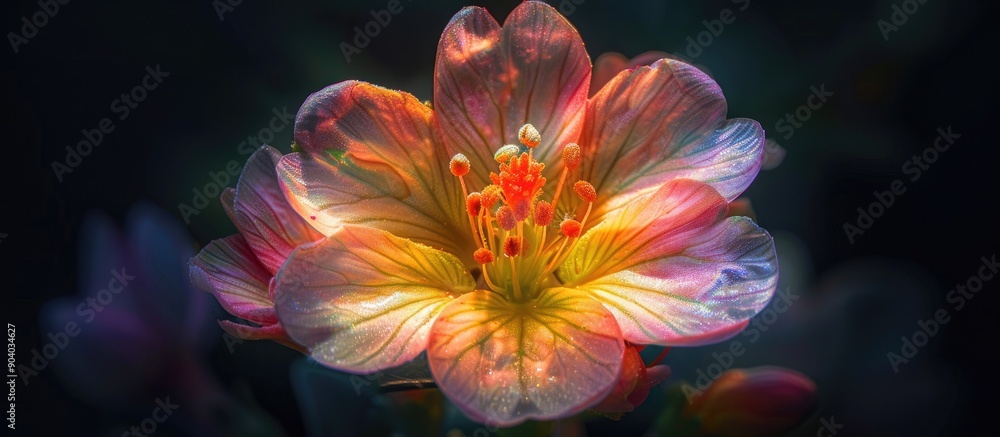 Poster macro photograph displaying a colorful lewisia cotyledon blossom in a german garden highlighted by b