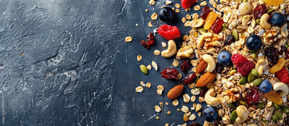 Aufkleber Nutritious granola or muesli blend featuring an array of dried fruits nuts and grains perfect for a copy space image