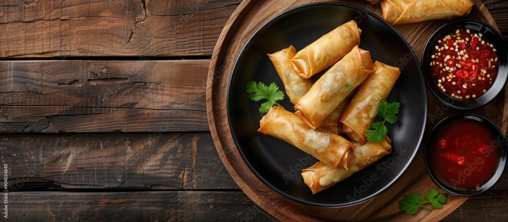 Canvas Prints a modern black plate with spring rolls and sweet chili sauce sits stylishly on a wooden table creati