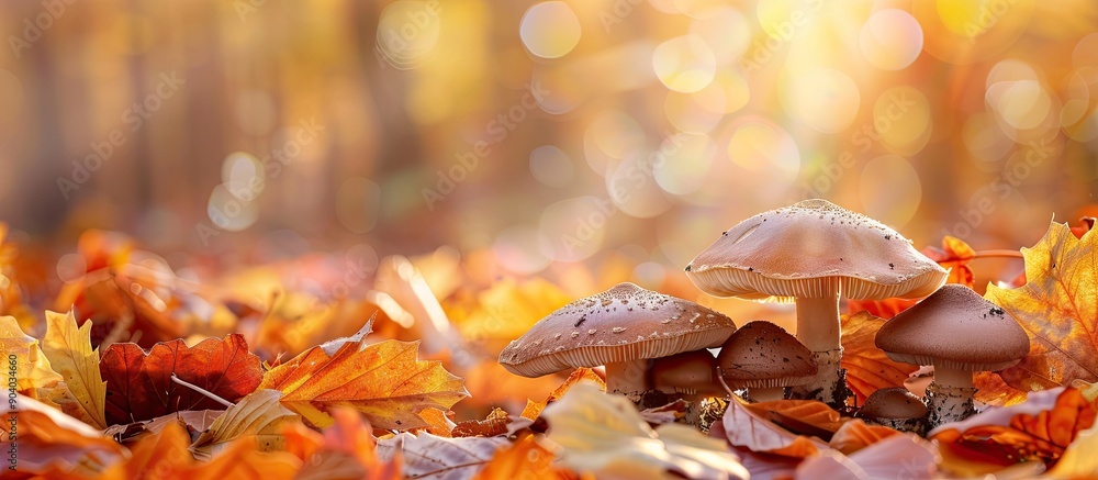 Aufkleber closeup image of small fresh mushrooms growing amongst autumn leaves in a forest setting illustratin