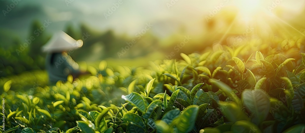 Poster farmers harvest green tea with blurred background creating a serene copy space image