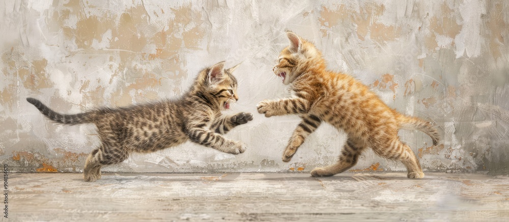 Poster Two felines frolic on a concrete surface in a lively interaction with a backdrop of vast empty space for adding an image. . image with copy space