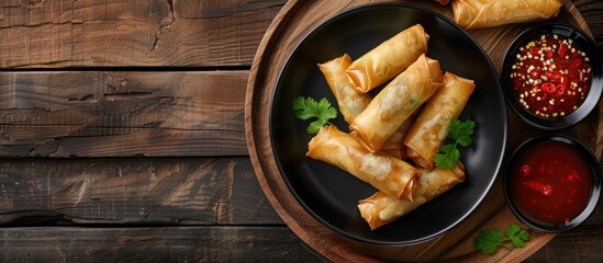 A modern black plate with spring rolls and sweet chili sauce sits stylishly on a wooden table creating an enticing copy space image