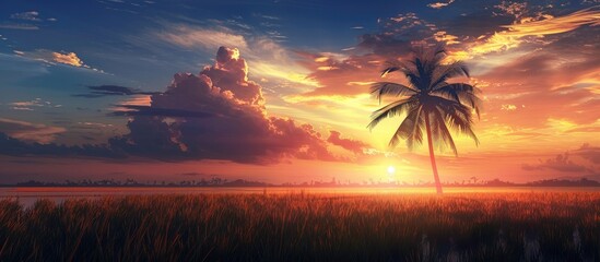 Silhouette of a sugar palm tree in a sunset scene over a rice field with a beautifully captured copy space image