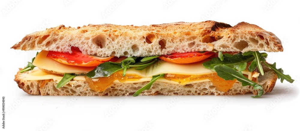 Poster delicious sandwich with brie cheese and apricot jam set against a white background with ample copy s