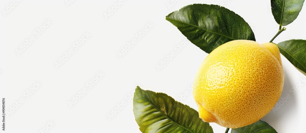 Poster Close up studio photo of a lemon with leaves isolated on a white background with a clipping path for a copy space image