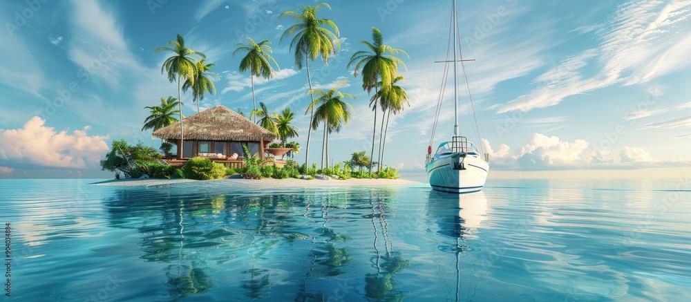 Poster Small tropical island resort with a sailing boat anchored in front ideal for a copy space image
