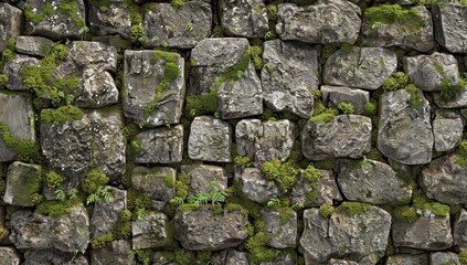 Obraz premium Stone Wall with Green Moss and Plants