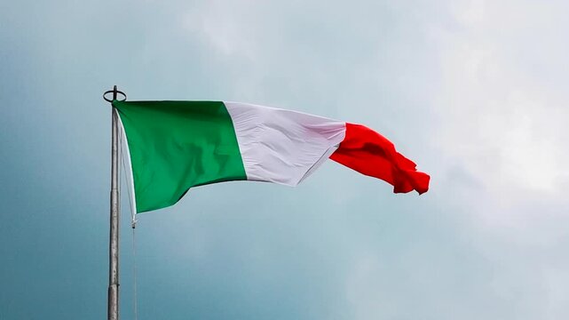 Piazza delle Erbe central Verona flag with the lion of San Marco and mysterious whale bone in the arch of the coast , high quality 4k video