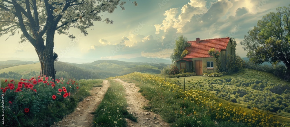 Poster Scenic countryside depicted in a rustic landscape with copy space image