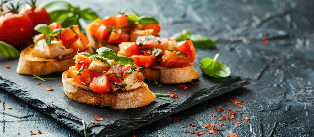 Poster Close up view of delicious chicken bruschetta on a slate plate with ample copy space image
