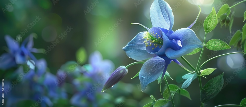 Poster blue columbine wildflower captured in a garden setting available as a copy space image
