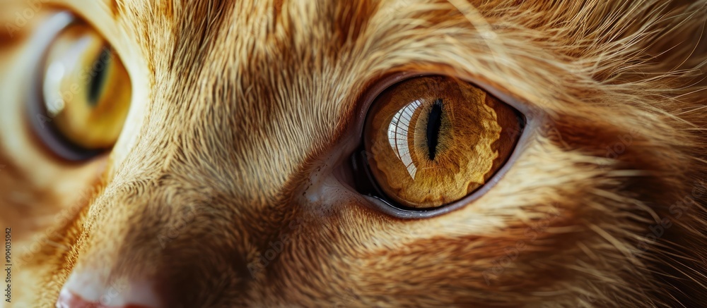 Poster Close up photo of a ginger tabby cat with inflamed eyes in a clear image with ample empty space for text