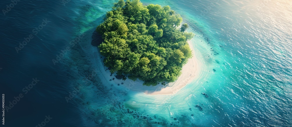 Poster aerial photo of a small white sandy island surrounded by a deep blue sea and lush green trees captur