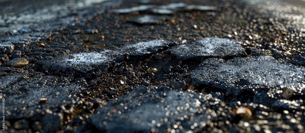 Poster after road repair you can see heaps of aged asphalt with ample copy space in the image