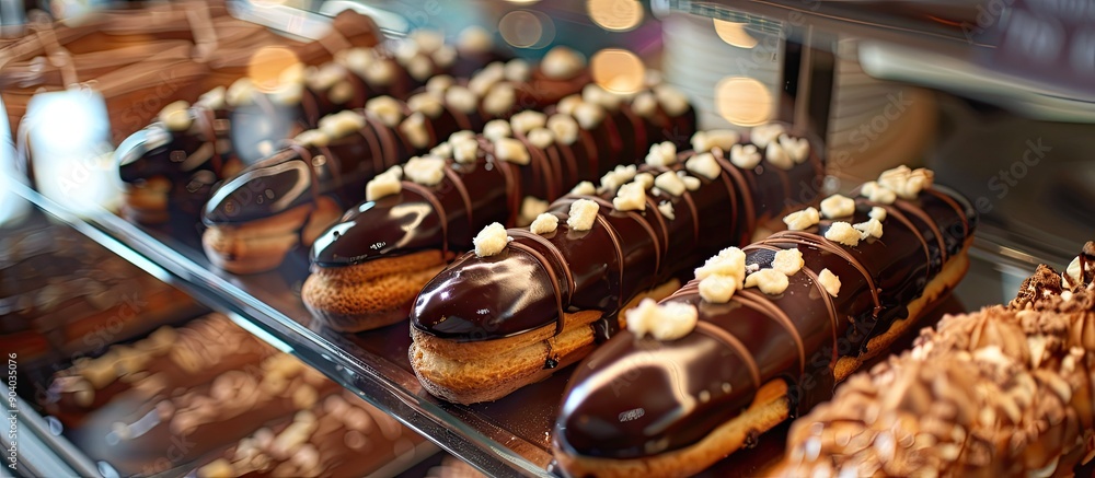 Poster Elegant chocolate and vanilla eclairs enticingly displayed in the pastry chef s window with appealing copy space image
