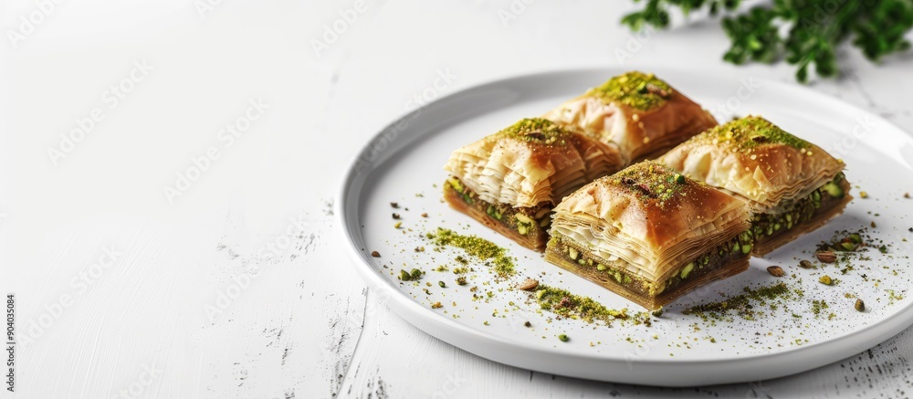 Poster dessert of pistachio baklava displayed on a white backdrop with copy space image