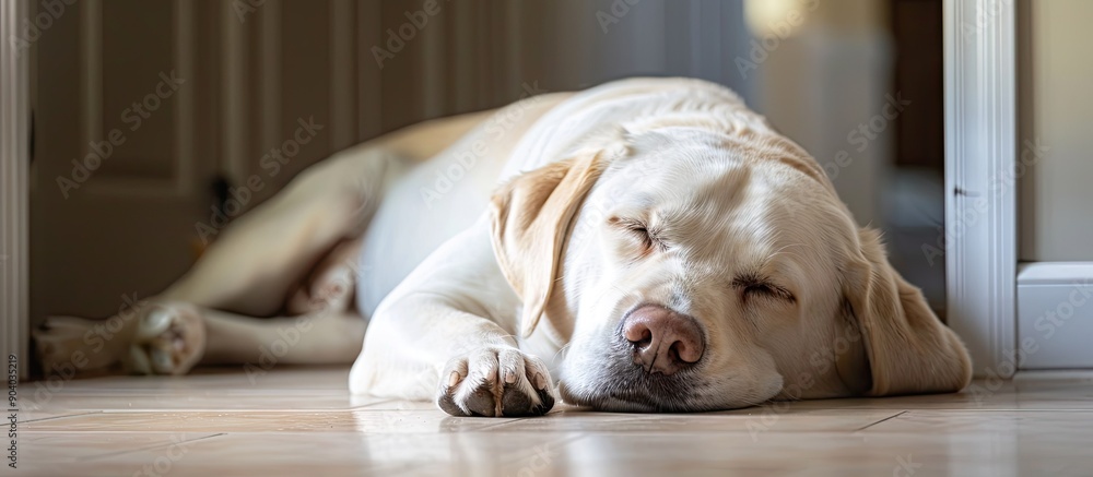 Poster a white labrador dog resting with its eyes shut on the floor with a closed door in the background id
